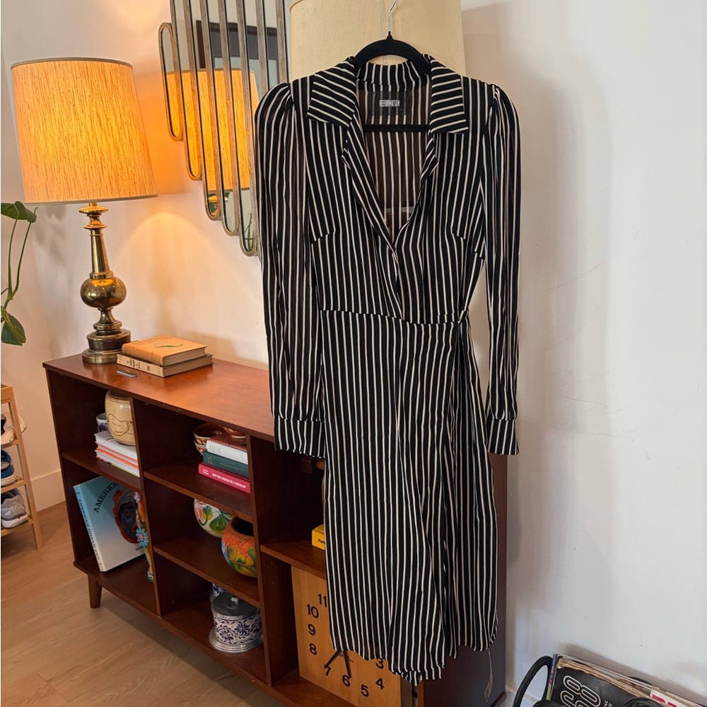 Reformation Striped Black and White Long Sleeve Wrap Dress NWT